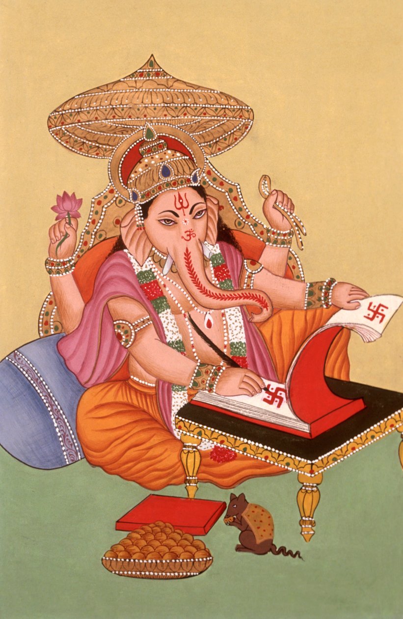 Pintura em miniatura de um Deus Ganesh Ganpati com cabeça de elefante, Índia de School Indian