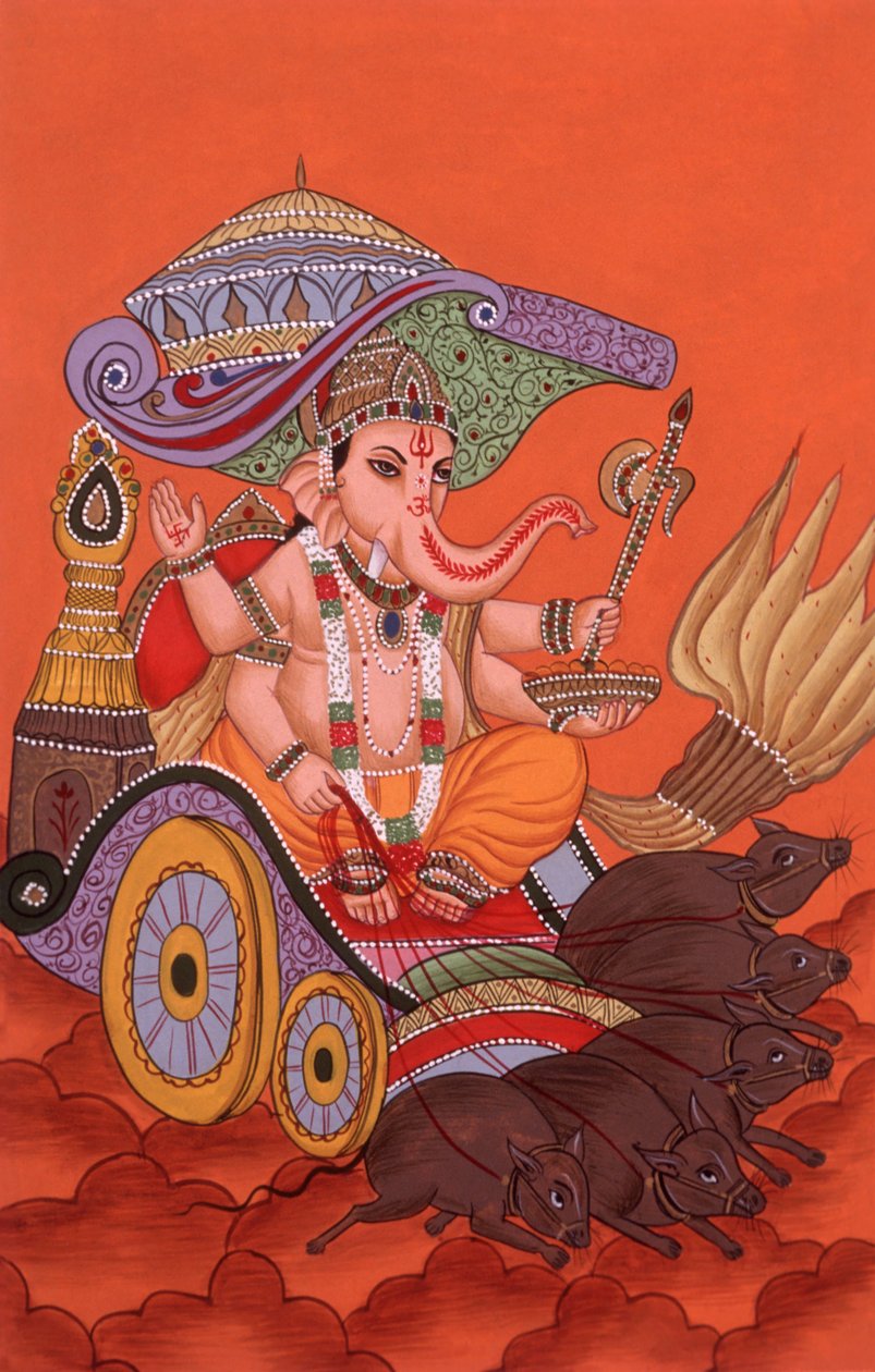Pintura em miniatura de um Deus Ganesh Ganpati com cabeça de elefante, Índia de School Indian