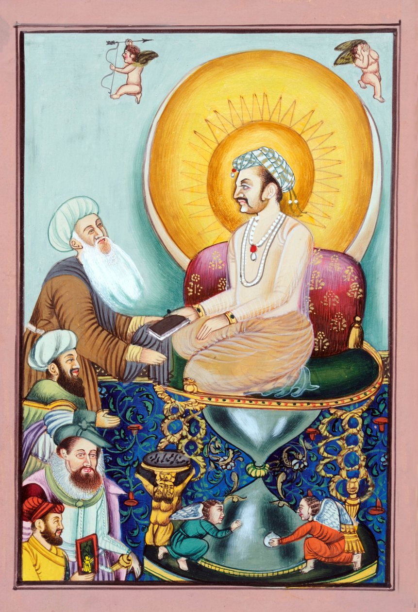Pintura em miniatura de Abul Fazl a apresentar o nome de Akbar ao imperador mogol Akbar de School Indian