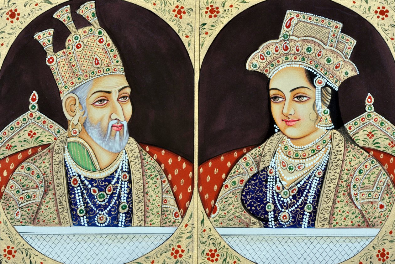 Pintura em miniatura de Bhadur Shah Zafer com Jeenat Mahal Índia Ásia de School Indian