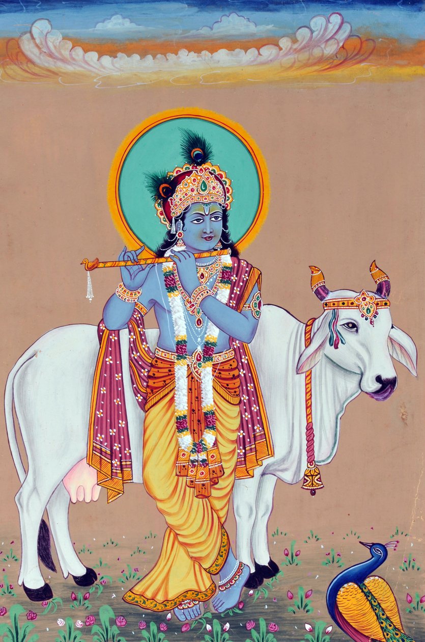 Pintura em miniatura de Deus Krishna de School Indian