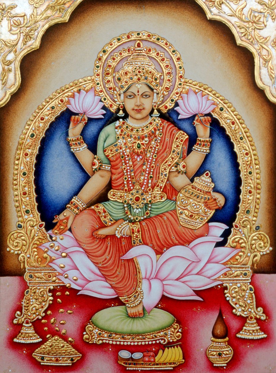 Pintura em miniatura da Deusa Laxmi, Índia de School Indian