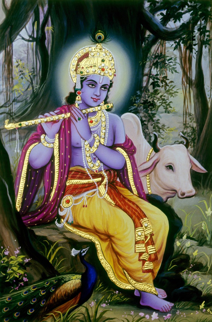 Pintura em miniatura do Senhor Krishna, Índia de School Indian