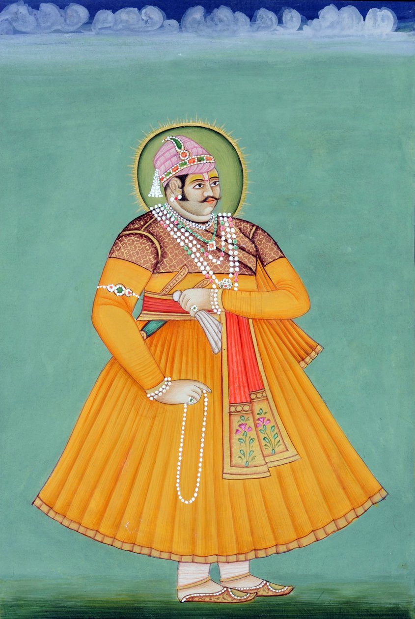 Pintura em miniatura do Maharaja Sawai Madho Singh, Jaipur de School Indian