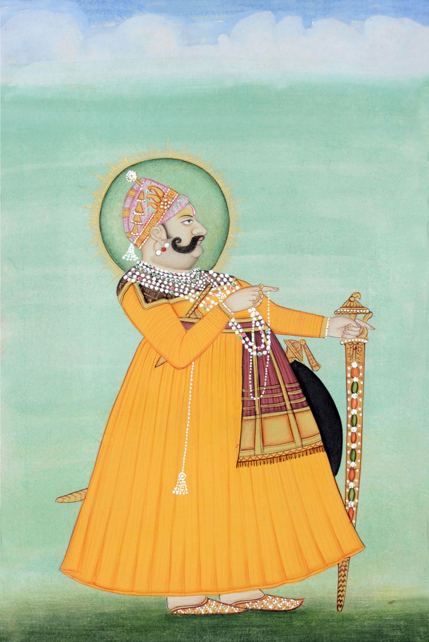 Pintura em miniatura do Maharaja Sawai Madho Singh, Jaipur de School Indian