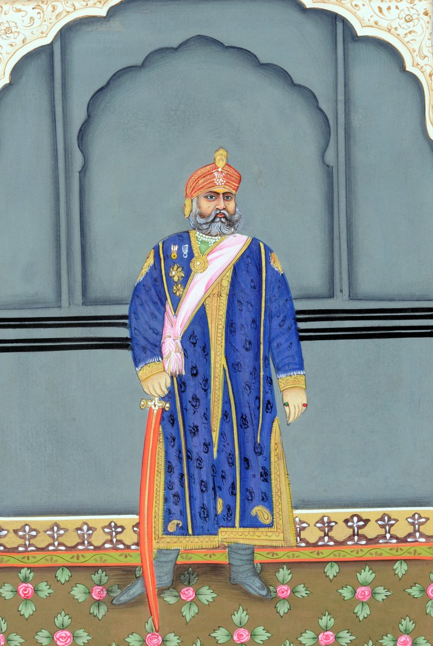 Pintura em miniatura do Maharaja Sawai Madho Singh Second, Jaipur de School Indian