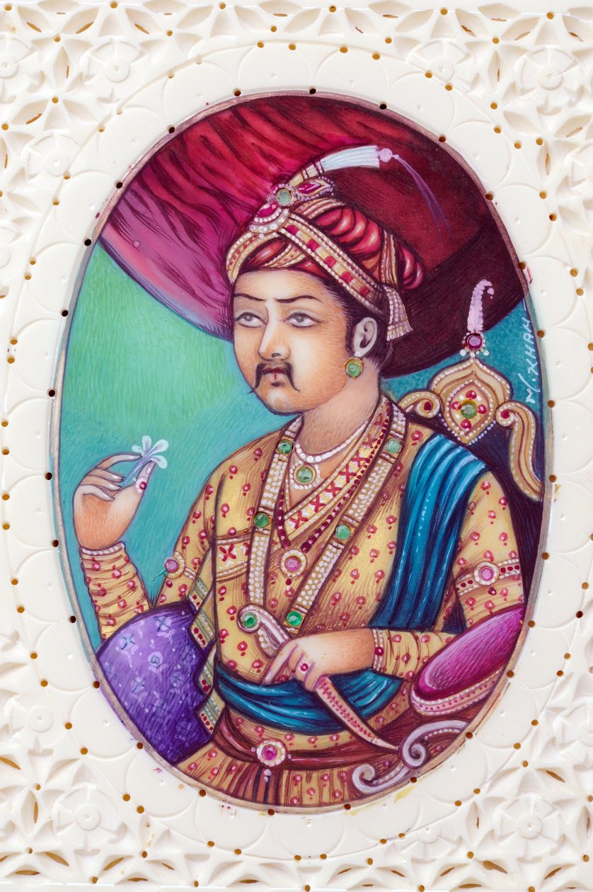 Pintura em miniatura do Imperador Mughal Akbar de School Indian