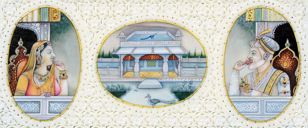 Pintura em miniatura do imperador Mughal Aurangzeb com a esposa Mehrunnisa de School Indian