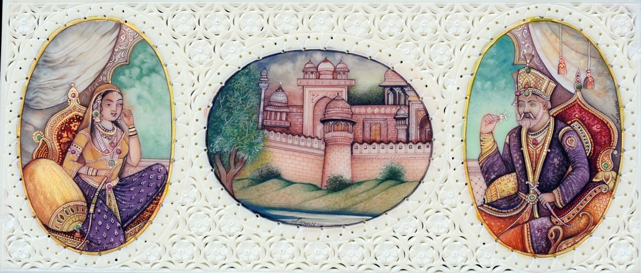 Pintura em miniatura do Imperador Mughal Bahadur Shah Zafar com a esposa Zeenat Mahal de School Indian