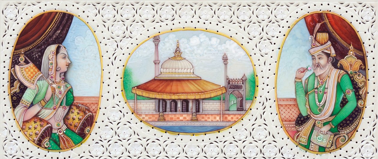 Pintura em miniatura do Imperador Mughal Humayun com a esposa Jhanvi de School Indian