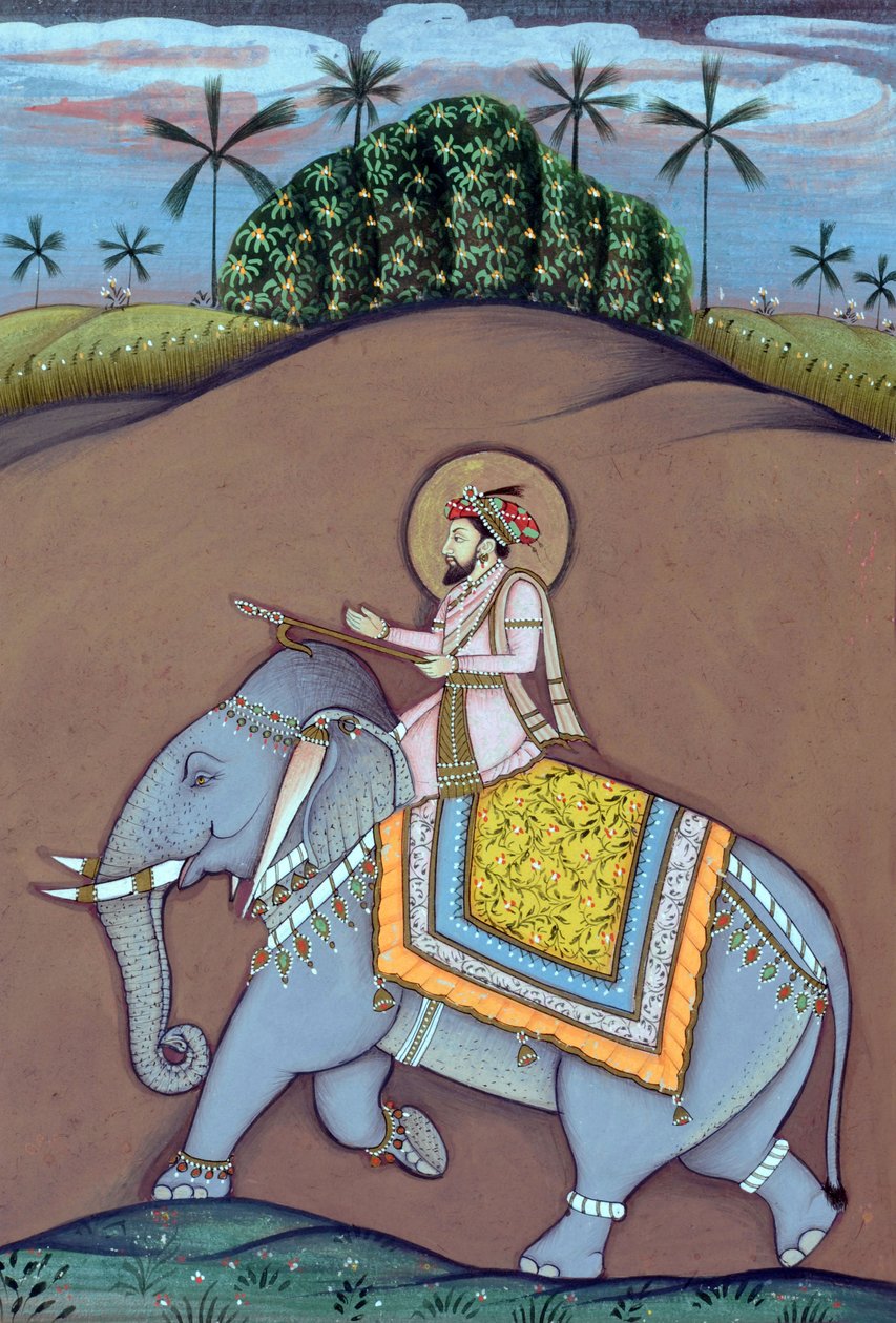 Pintura em miniatura do Imperador Mughal Shah Jahan sentado num elefante de School Indian
