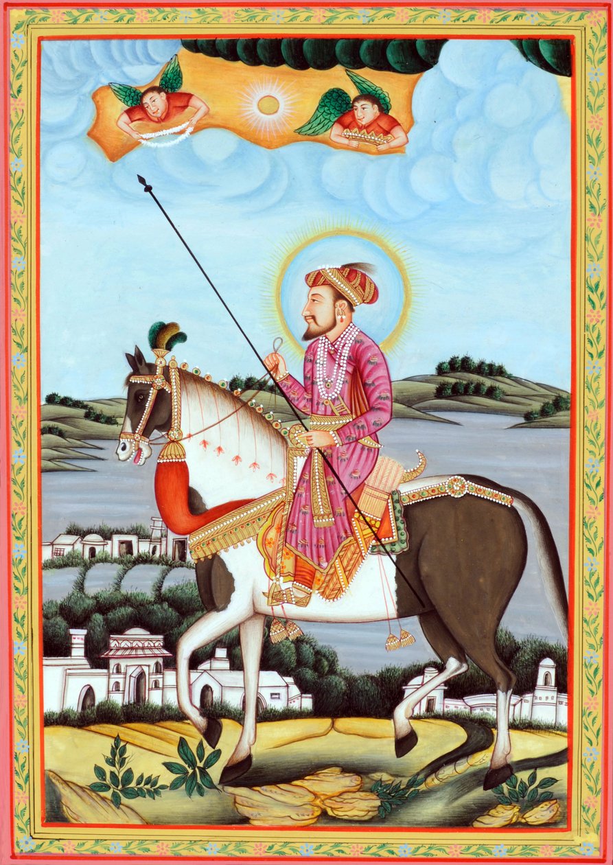 Pintura em miniatura do Imperador Mughal Shah Jahan sentado a cavalo de School Indian