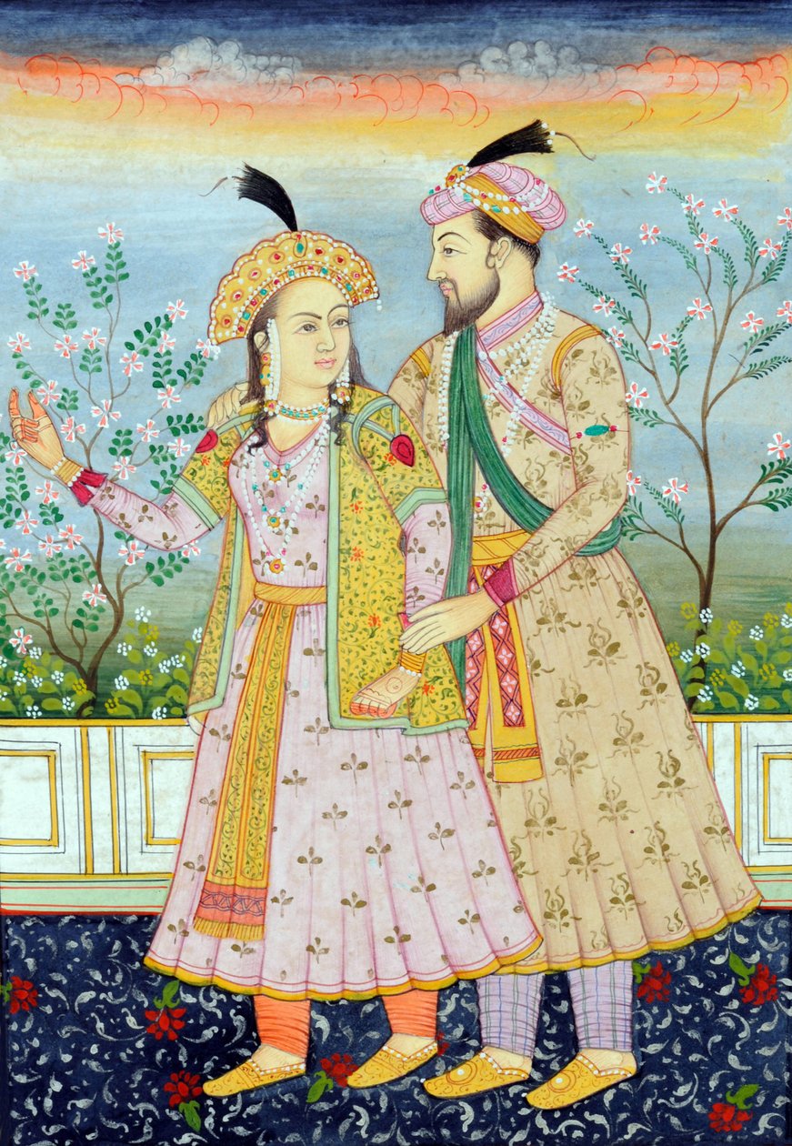 Pintura em miniatura do Imperador Mughal Shah Jahan com a esposa Mumtaz Mahal de School Indian