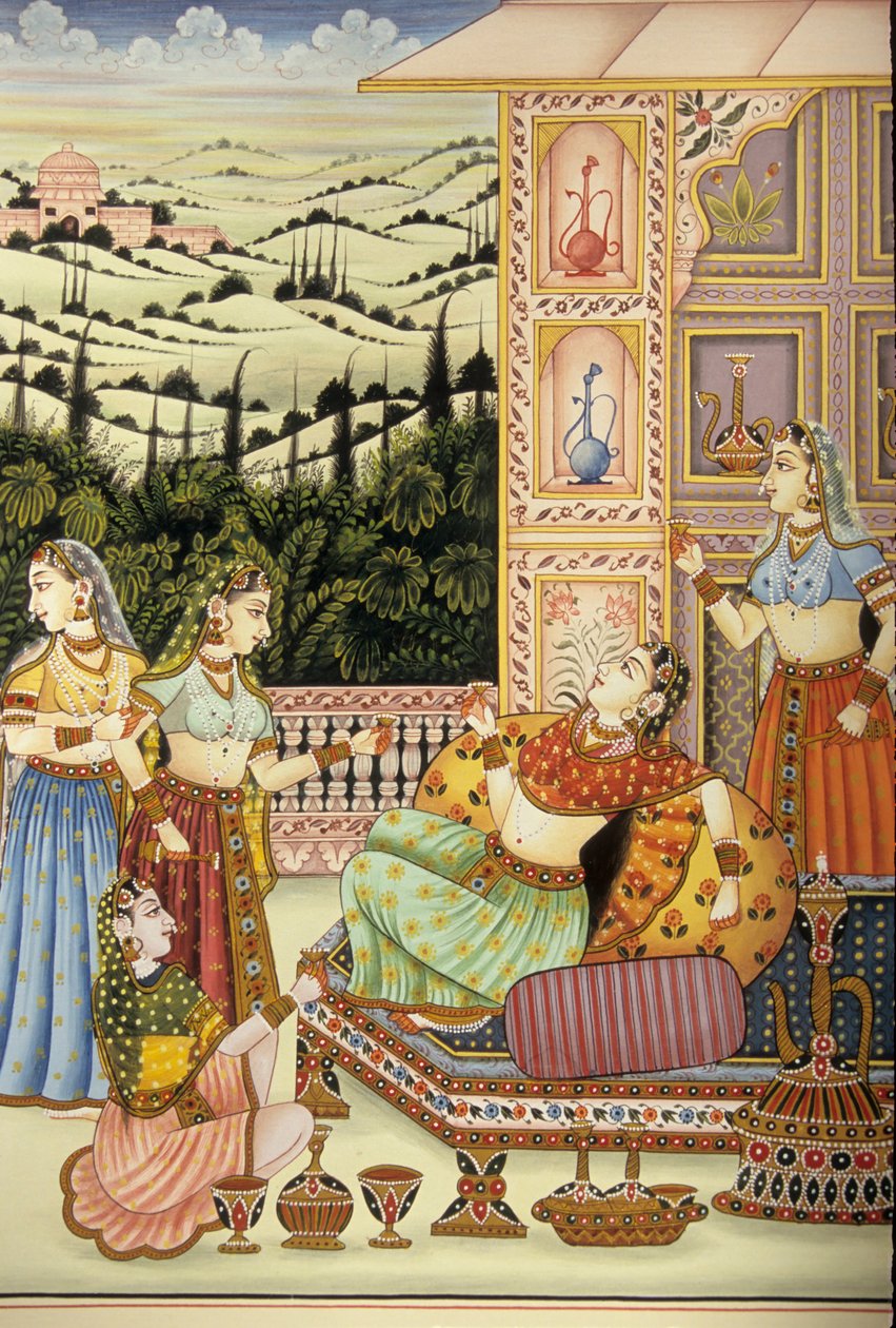Pintura em miniatura de uma senhora mogol a saborear uma bebida, Índia de School Indian