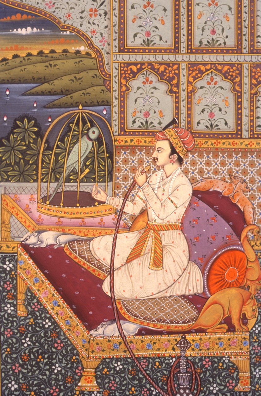 Pintura em miniatura de um príncipe mogol a saborear uma Hooka, Índia de School Indian