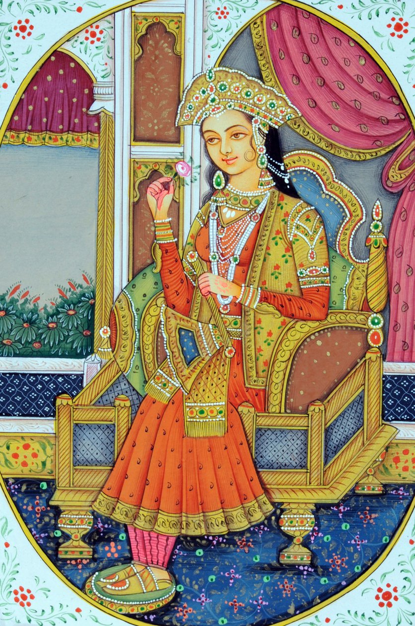 Pintura em miniatura da Rainha Mughal Mumtaz Mahal de School Indian