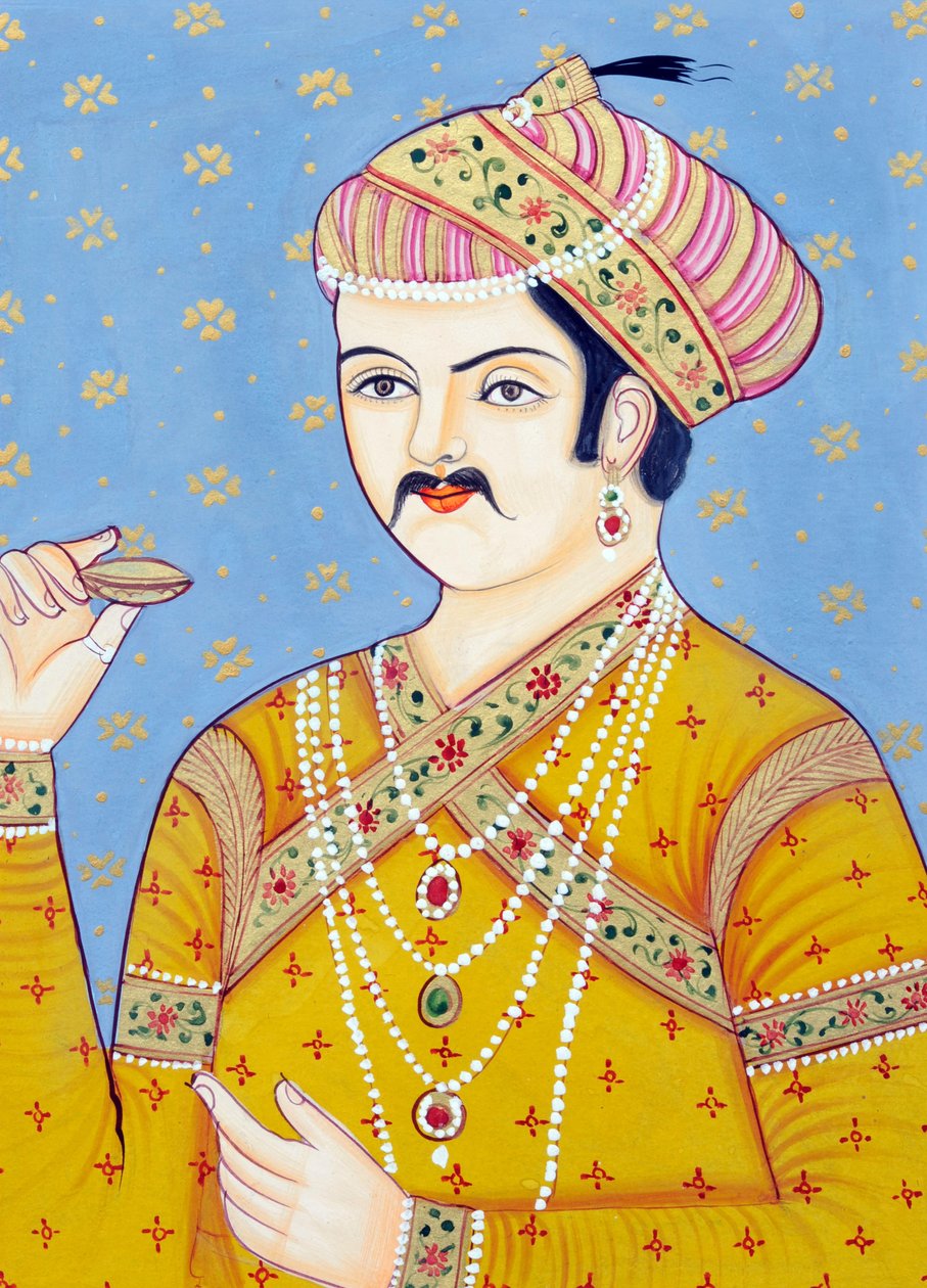 Pintura em miniatura do Imperador Mughul Akbar de School Indian