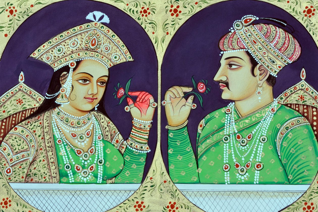 Pintura em miniatura da Rainha Noorjahan com Jahangir Índia Ásia de School Indian