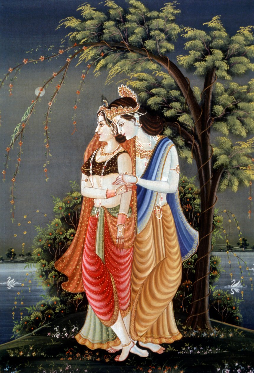 Pintura em miniatura de Radha Krishna, Índia de School Indian