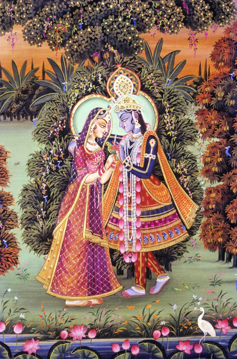 Pintura em miniatura de Radha Krishna, Índia de School Indian