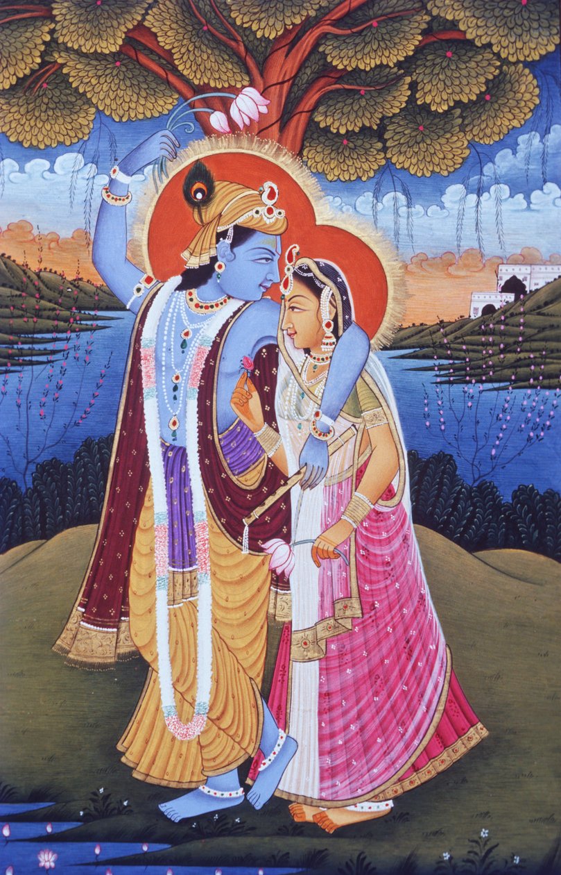 Pintura em miniatura de Radha Krishna, Índia de School Indian