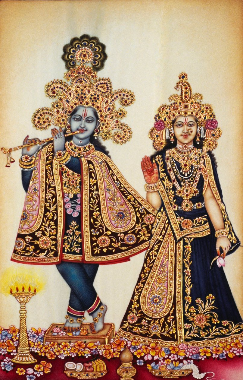Pintura em miniatura de Radha Krishna sobre marfim de School Indian