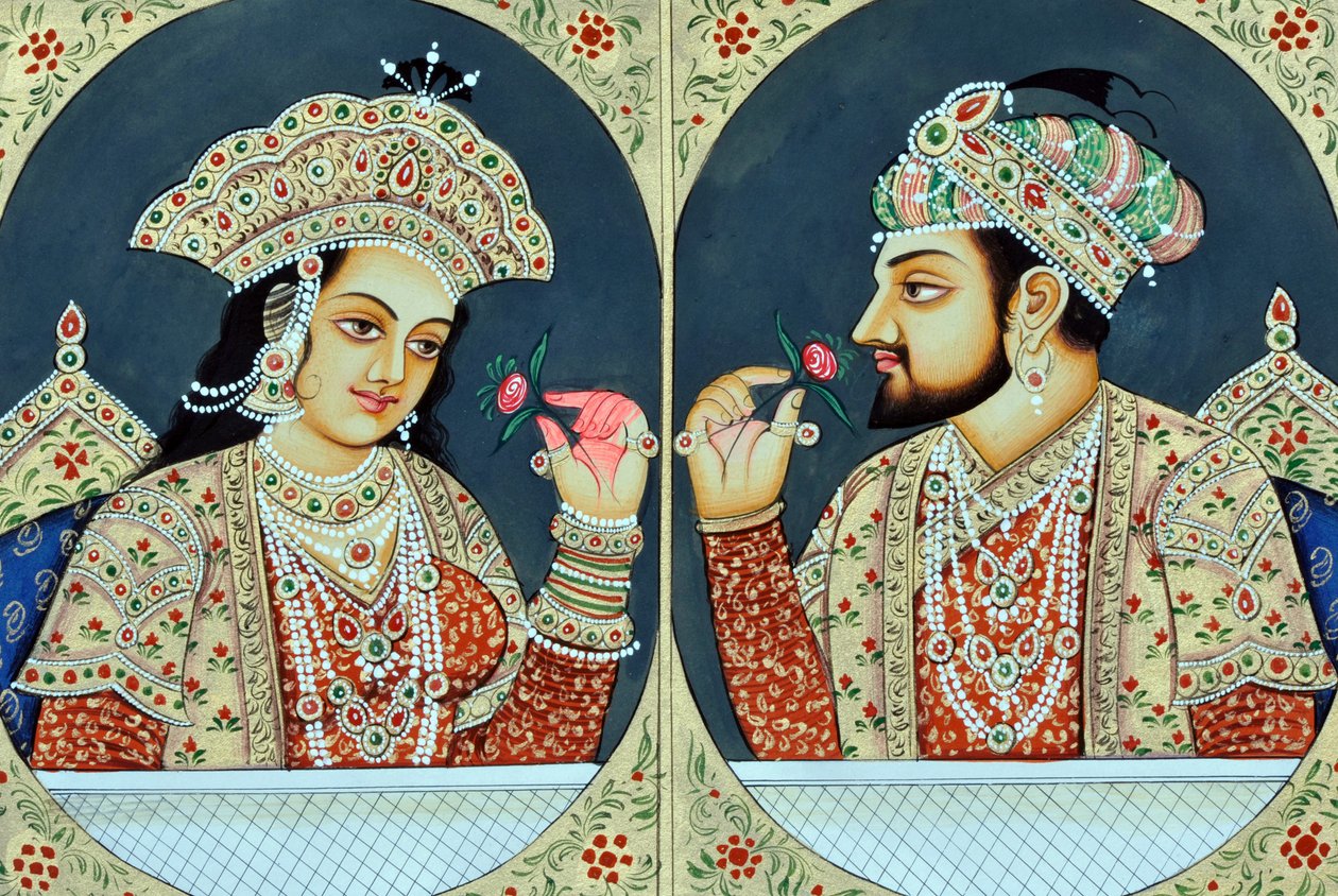 Pintura em miniatura de Shah Jahan e Mumtaj Índia Ásia de School Indian