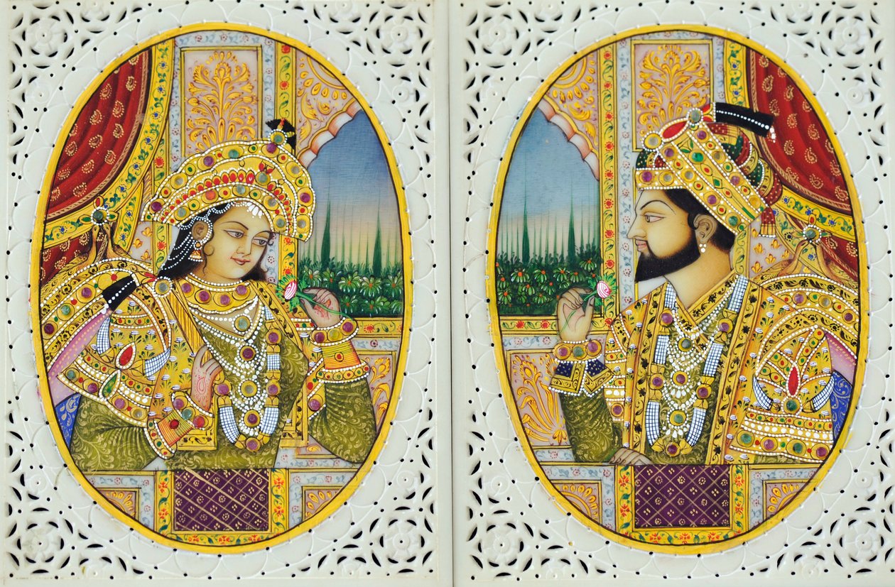 Pintura em miniatura de Shah Jahan com a esposa Mumtaj Mahal Índia Ásia de School Indian