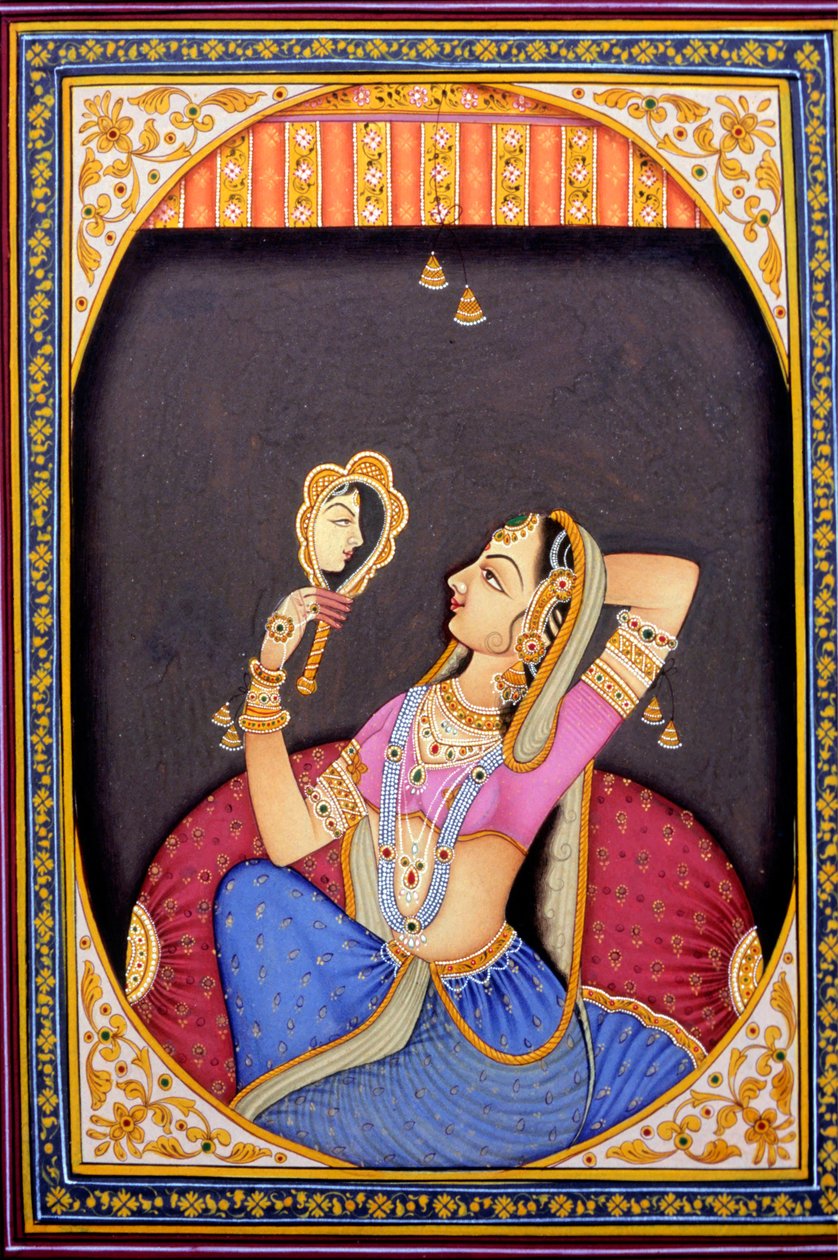 Pintura em miniatura de uma mulher a olhar-se ao espelho de School Indian