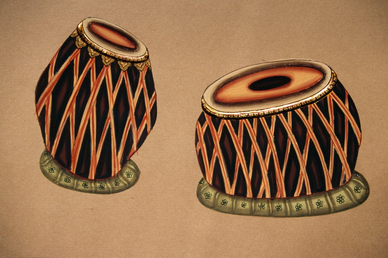 Pintura em miniatura sobre papel, instrumento musical clássico indiano Tabla de School Indian
