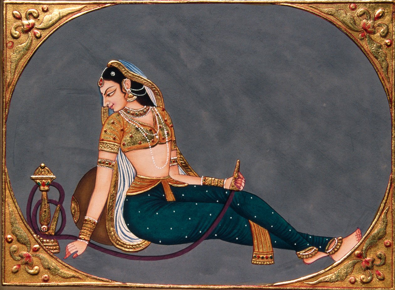 Pintura em miniatura sobre papel Senhora a desfrutar de cachimbo de água de School Indian