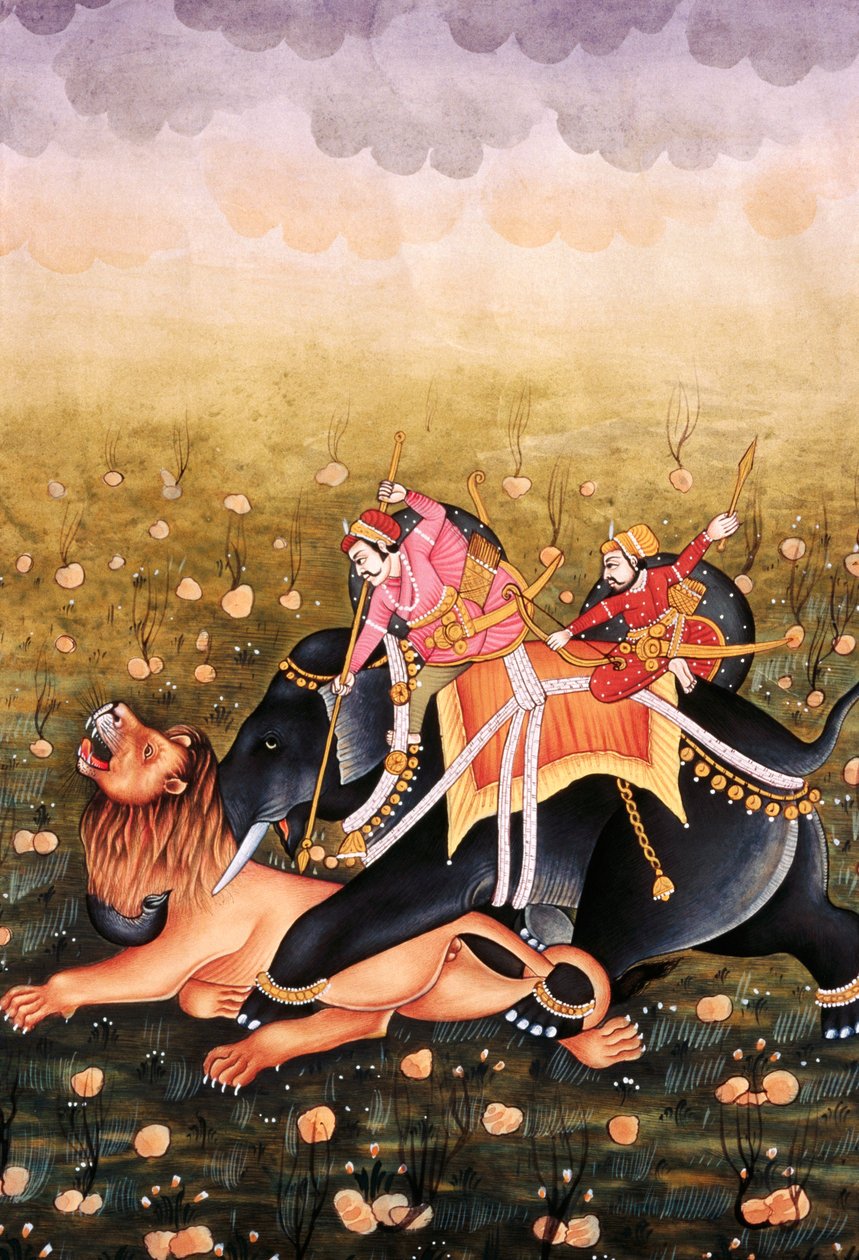 Pintura em miniatura sobre papel, caça ao rei Mughal de School Indian