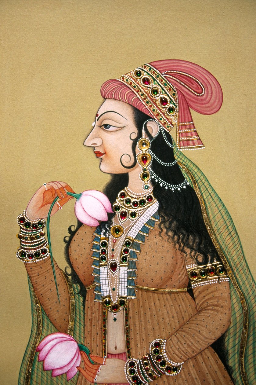 Pintura em miniatura sobre papel Retrato de uma Senhora Real Mugal de School Indian