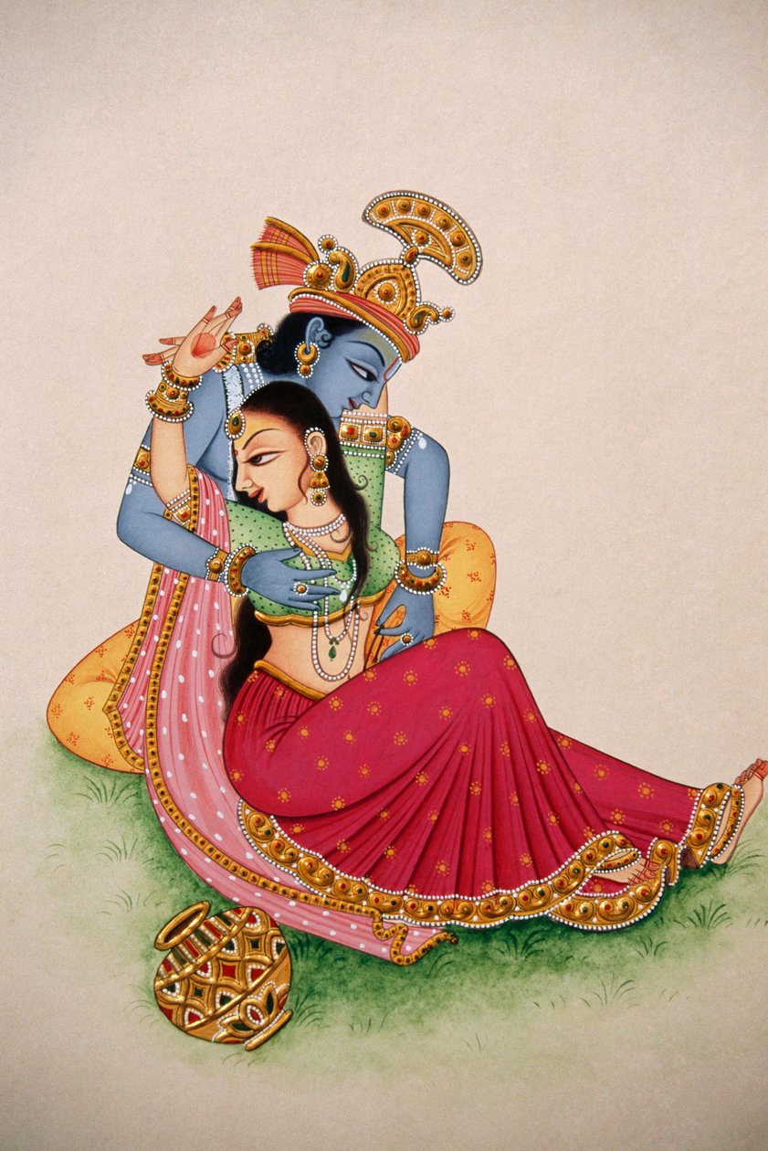 Pintura em miniatura sobre papel Radha Krishna de School Indian
