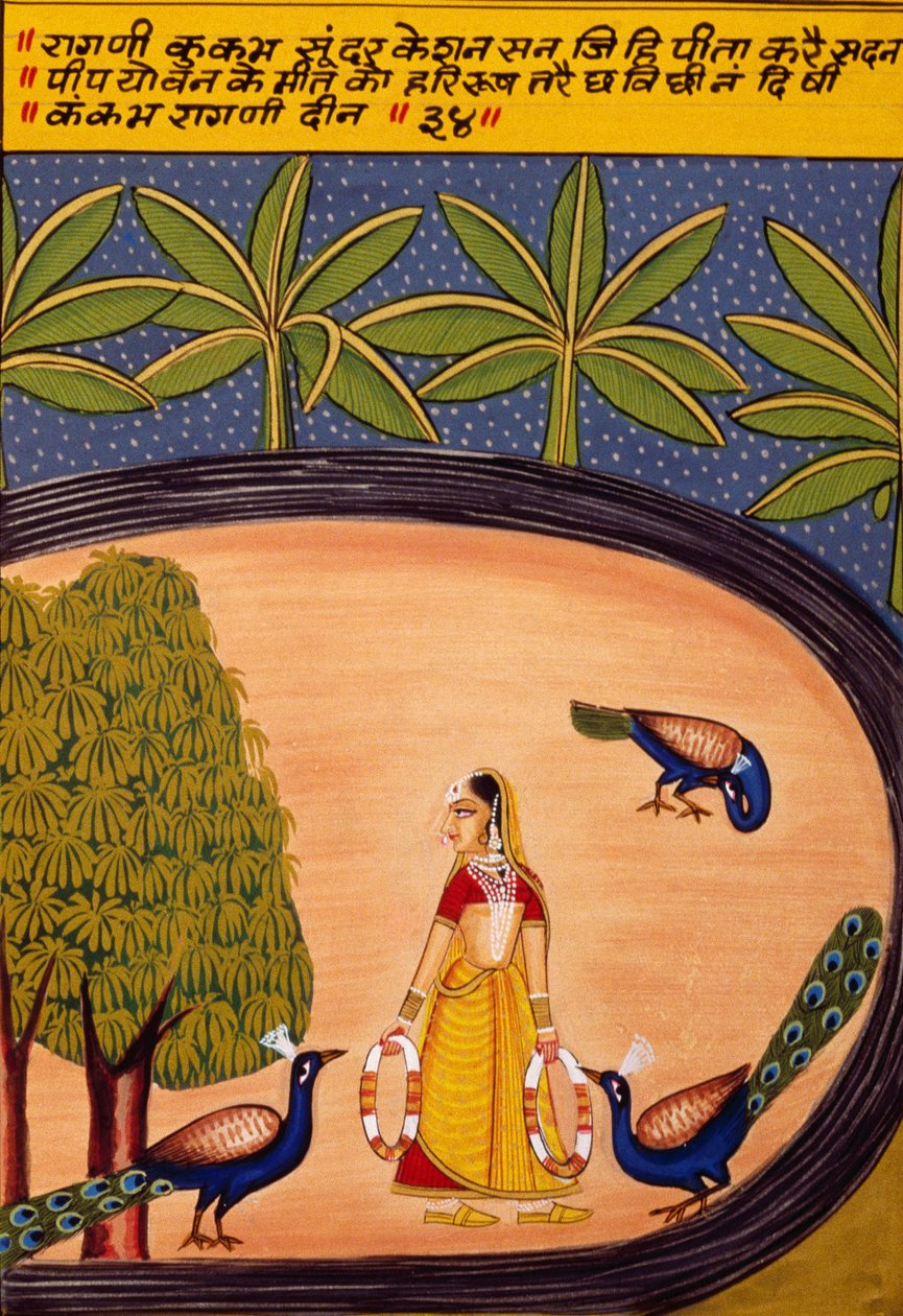 Pintura em miniatura sobre papel, Ragini Kukumb, Escola de Nathdwara de School Indian