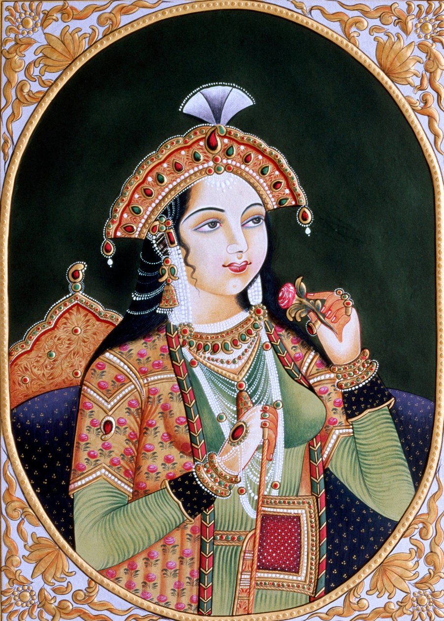 Pintura em miniatura sobre papel da Princesa Mumtaz Mahal, esposa do Imperador Mughal Shah Jahan de School Indian