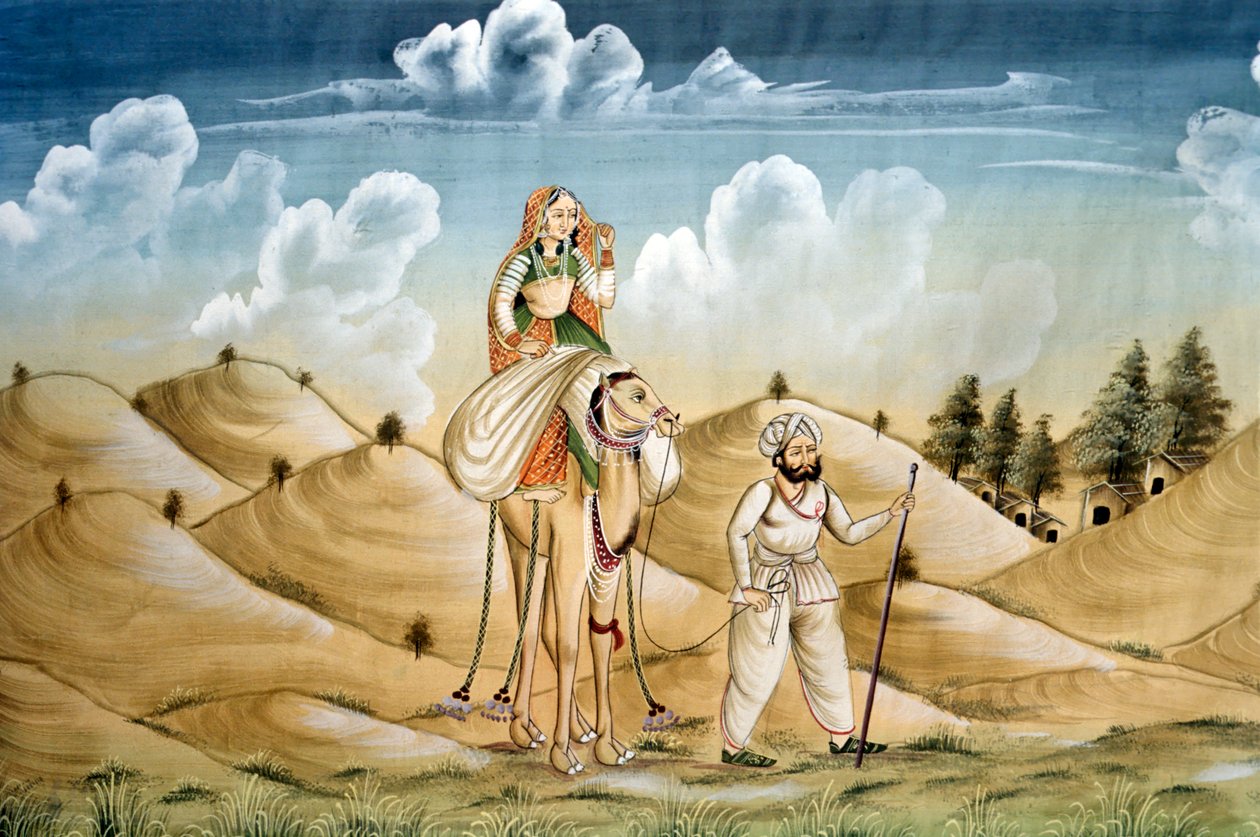 Pintura em miniatura sobre seda, Lonely Travellers, Rajasthan de School Indian
