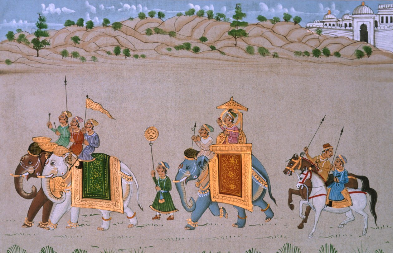 Pintura em miniatura sobre seda, Procissão Real de School Indian