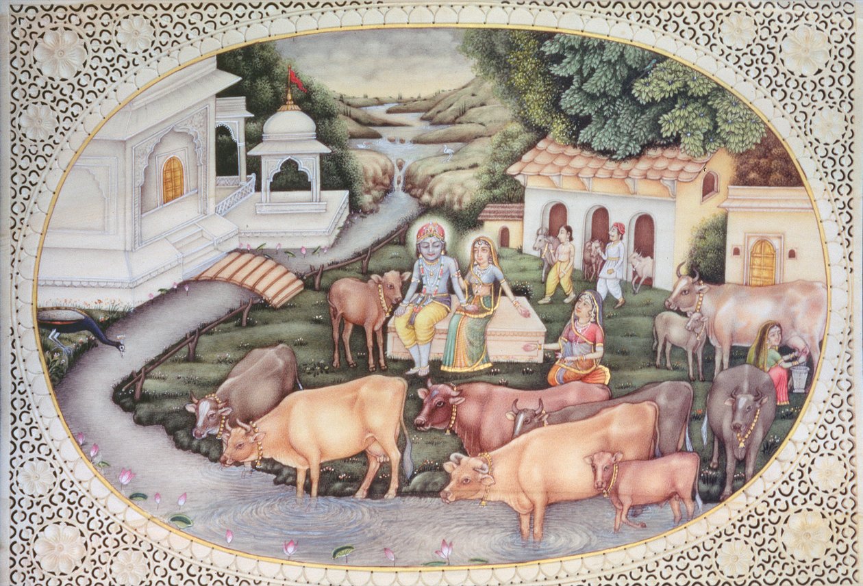 Miniatura de Krishna, uma leiteira sentada num campo com gado (aguarela sobre marfim) de School Indian