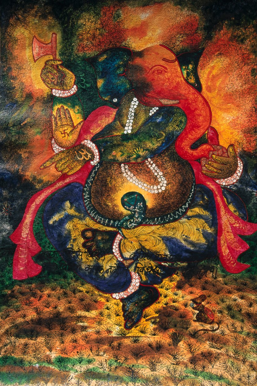 Miniatura de pintura do Deus Ganesh Ganpati sobre papel de School Indian