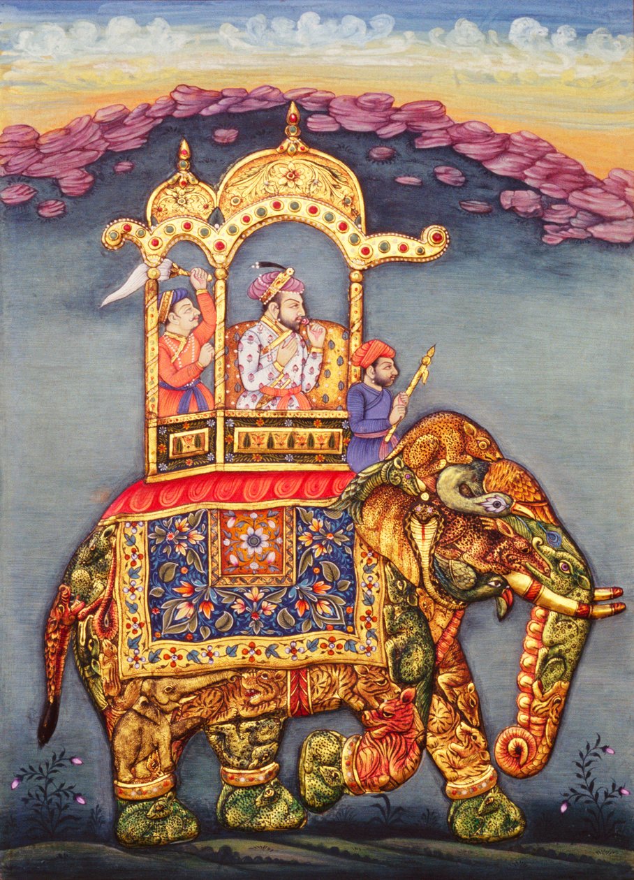 Rei Mughal Shah Jahan montado num elefante de School Indian