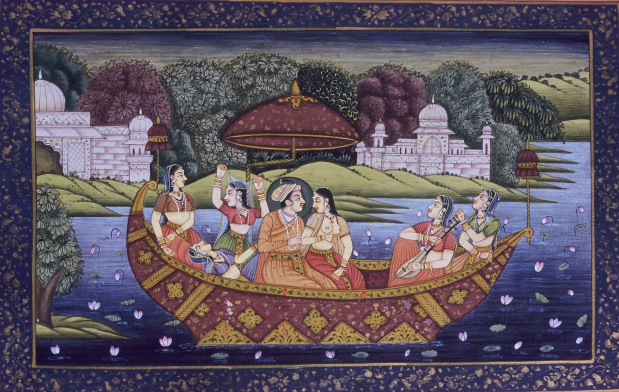 Pintura em Miniatura Mughal sobre Papel, Cena de Amor do Rei e Desfrutando de Música no Barco de School Indian