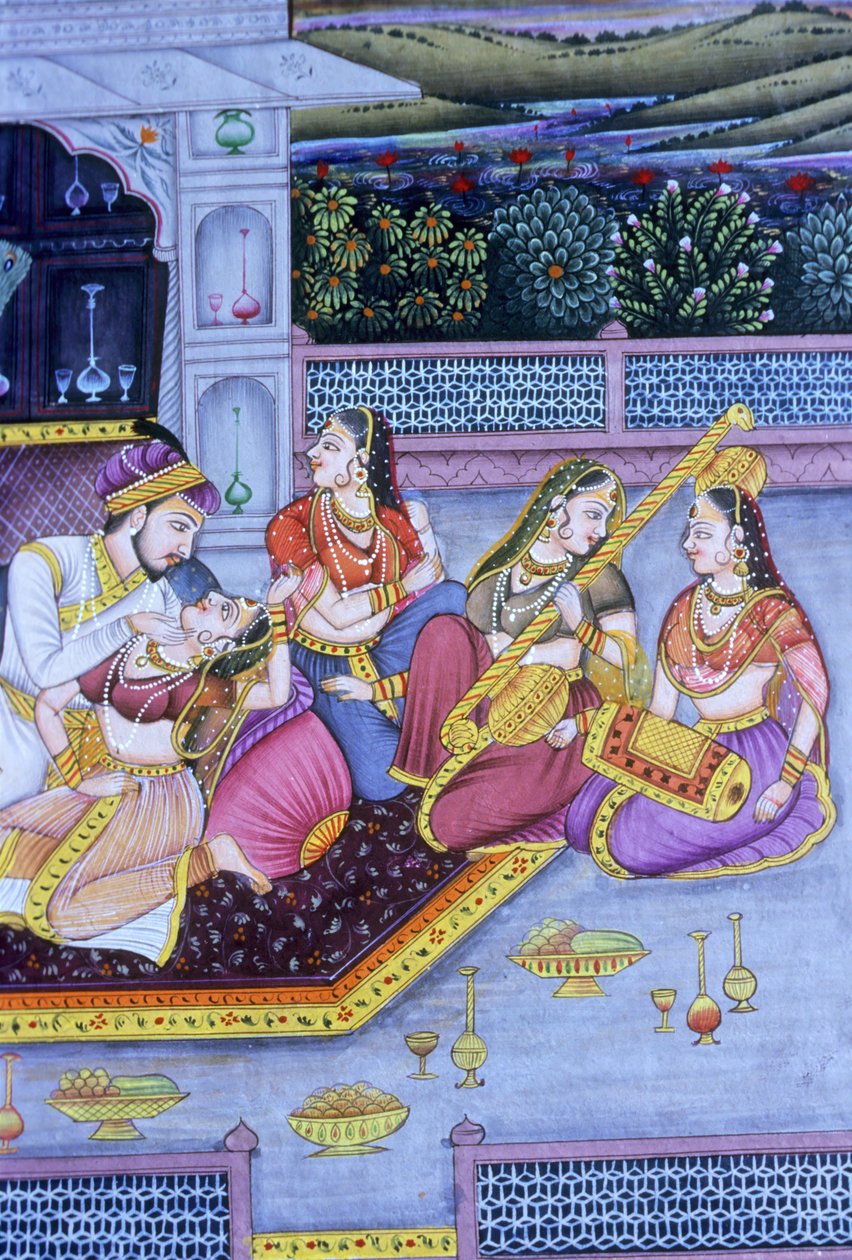 Pintura em Miniatura Mughal sobre Papel, Cena de Amor de School Indian