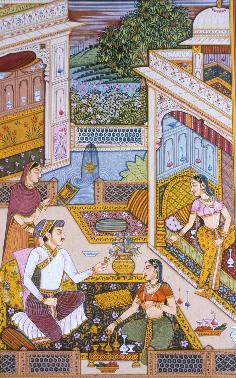 Pintura em miniatura mogol sobre papel Rei real a saborear uma bebida de School Indian