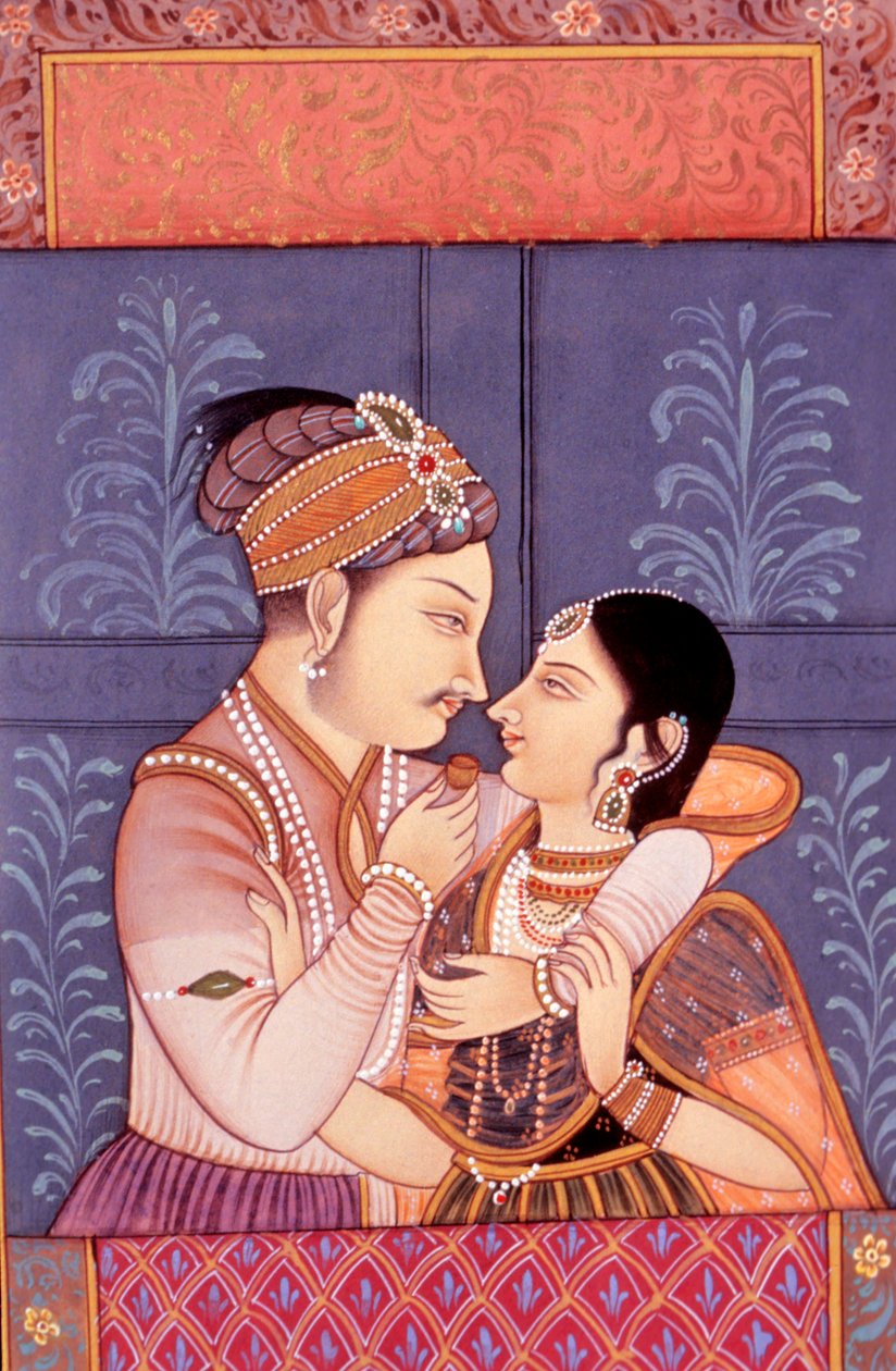 Pintura em miniatura Mughal sobre papel de uma cena de amor (miniautre) de School Indian