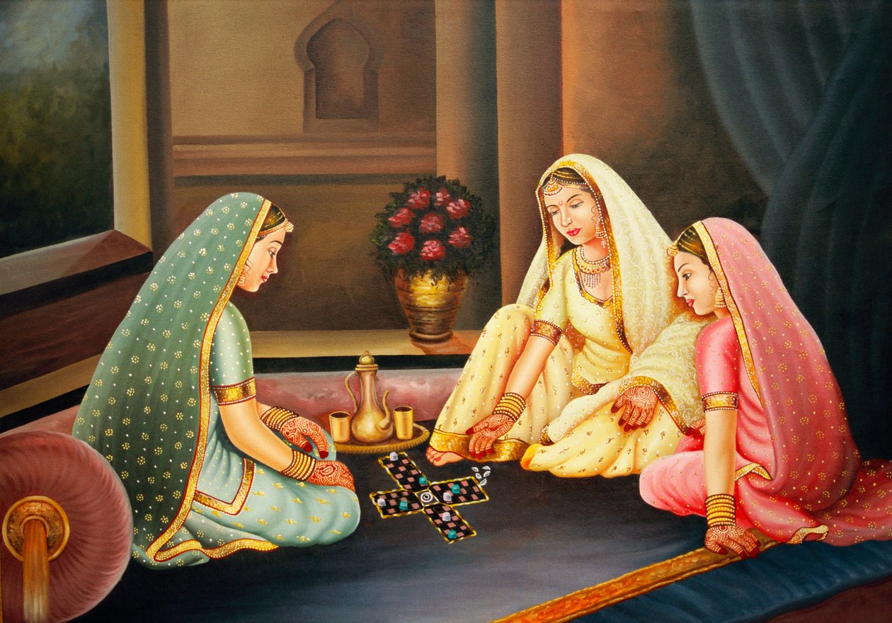Pintura a óleo sobre tela Mulheres a jogar o jogo da costeleta de School Indian