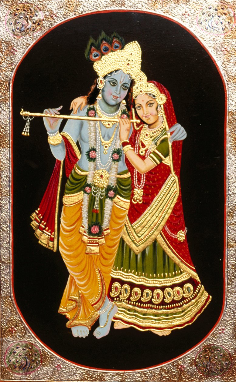 Pintura de Deus Krishna e da sua maior devota Radha, Índia de School Indian