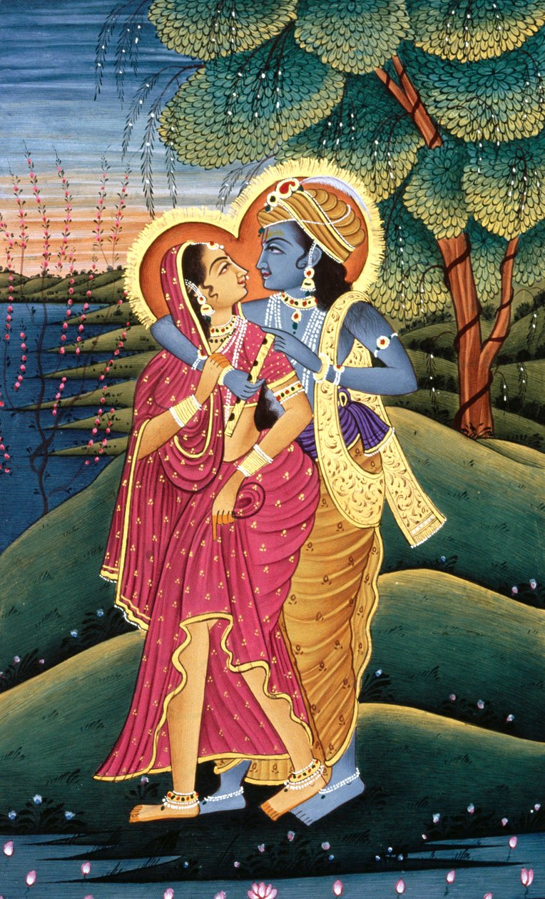 Pintura de Deus Krishna e da sua maior devota Radha, Índia de School Indian
