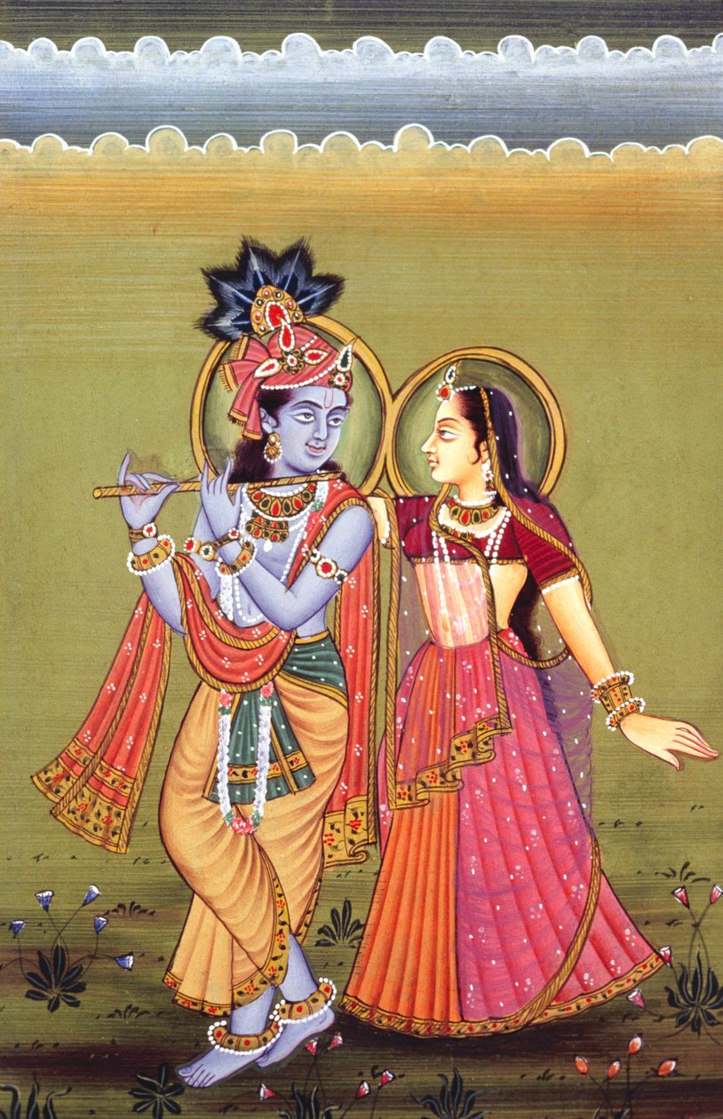 Pintura de Deus Krishna e da sua maior devota Radha, Índia de School Indian