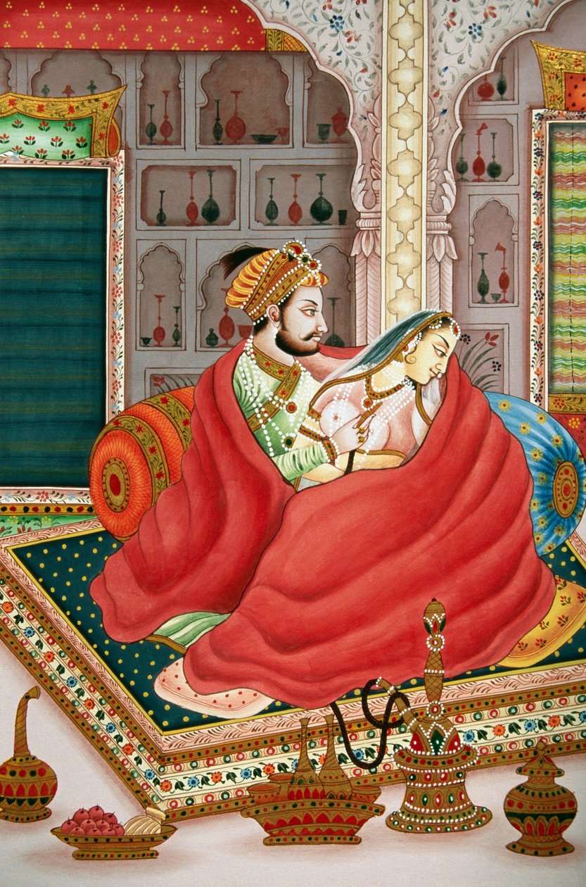 Pintura do imperador Mughal com a sua mulher numa cena de amor, Índia de School Indian